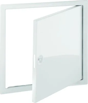 A white access door with its door slightly ajar, mounted on a white background.