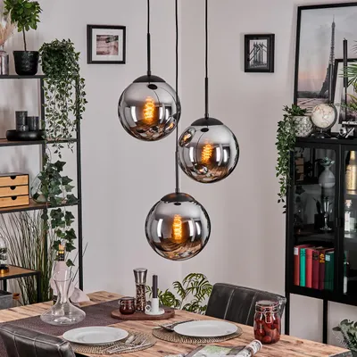 Produktbild von Fossobiubo moderne Hängelampe aus Metall/Glas in Schwarz/Chromfarben/Rauchfarben