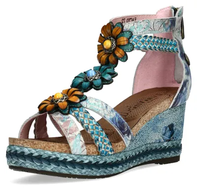 Produktbild von Laura Vita Damen Sandalette Espadrille mit T-Riemen Blumenapplikationen Facyo 72, Größe:40 EU, Farbe:Blau