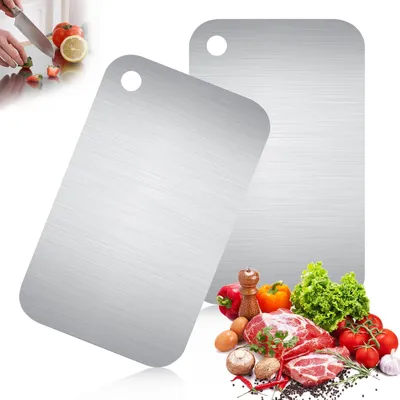 Image de Planche à découper en titane, lot de 2, planche à découper en acier inoxydable, 30 x 20 cm, pour la viande, les fruits et les légumes