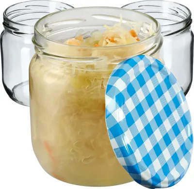 Produktbild von KADAX Einmachgläser mit Deckel "Salla", Marmeladengläser, Einweckgläser, 425 ml, Blau kariert, 48 Stück
