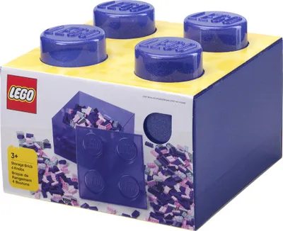 A LEGO storage brick product with a yellow top and blue sides, featuring four blue LEGO studs on top. The packaging shows a transparent purple container filled with small LEGO bricks.