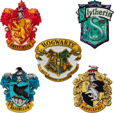 A collage of five Harry Potter house crests and the Hogwarts crest.