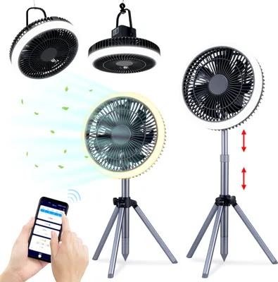 Produktbild von Intelligenter Outdoor-Camping-Ventilator, Standventilator, Lampe, oszillierender Ventilator mit hoehenverstellbarem Stativ, wiederaufladbarer 15000-mAh-Akku, APP-Steuerung, einstellbare Lichtfarbe, Windgeschwindigkeit, 2-Stunden-/4-Stunden-/6-Stunden-Timer