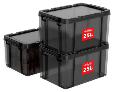 Aufbewahrungsboxen 25L x 3, stapelbar, PP-Kunststoff, transparent schwarz