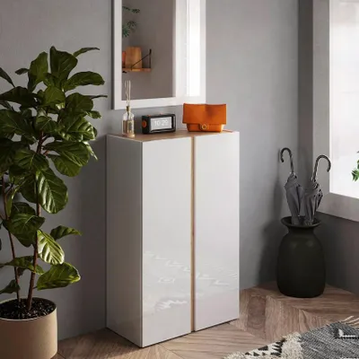 Produktbild von Schuhschrank Indy mit 2 Türen, 70x35x111cm, weiß glänzend Holz