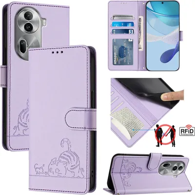 Produktbild von Leder Hülle für Oppo Reno11 Pro Süße Katze Flip Case Brieftasche Schutzhülle mit Standfunktion Lila