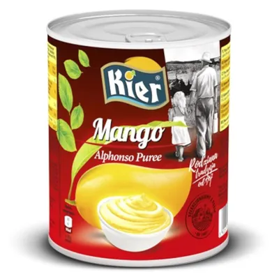 A can of mango puree with a picture of a man and a child walking.