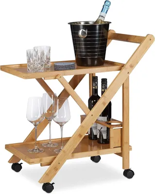 Image de Chariot de cuisine en bambou - 2 niveaux - Pliable - 70 x 40,5 x 65 cm - Chariot de service en bois - Chariot de cuisine - Naturel