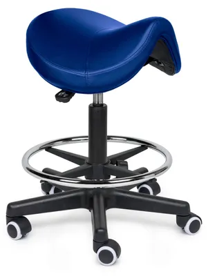 Produktbild von Premium Sattelhocker Blau Auf Räder - Niedrig (40-56cm) / mit Fußstütze / Standardmäßige Räder