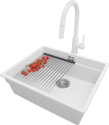 Produktbild von PRIMAGRAN Unterbauspüle Granit Weiß 56x47cm, Spülbecken 1 Becken + Ablauf-Set + Küchenzubehörset, Granitspüle ab 60er Unterschrank - Praga