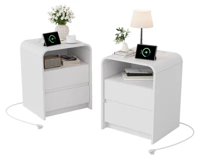Image de Ensemble de 2 tables de chevet ProximaX, blanches, avec éclairage LED et prise de courant. Tables de chevet modernes avec tiroir et compartiment ouvert, idéales pour la chambre à coucher