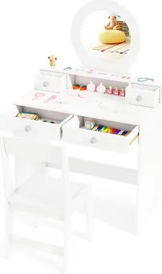 Immagine prodotto di Tavolo da trucco per bambini - Tavolo da toeletta con specchio - 2 in 1 - 4 cassetti - Stile principessa - Età 3-6 anni - Bianco