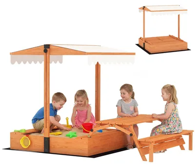Produktbild von Holz-Sandkasten für Kinder - Sandkiste mit verstellbarem Sonnendach - Picknicktisch mit Bänken - Für 6 Kinder 3-8 Jahre - 184x110x120 cm - Braun