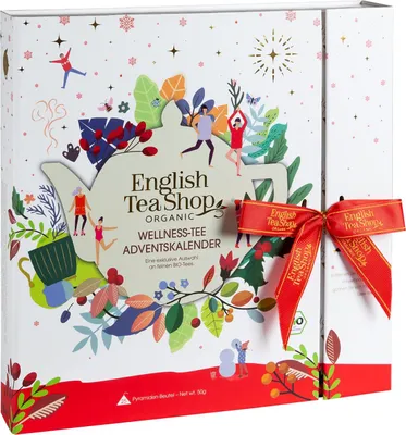 Produktbild von ETS - Teebuch Tee Adventskalender mit Schleife "Wellness", 25 Boxen mit BIO-Tee in hochwertigen Pyramiden