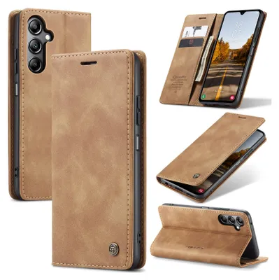 Collage of images showing a brown faux leather phone case for a Samsung Galaxy A05S, displayed from different angles and in use.