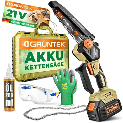 Produktbild von GRÜNTEK Akku Kettensäge 21V, Mini Motorsäge, Elektrische Akku Astsäge, Gartensäge 600W Brushless, Profi Handkettensäge, 6 Zoll Schwert, Kompakt mit viel Zubehör im Koffer