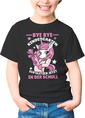 Produktbild von Kinder T-Shirt Mädchen mit Einhorn Motiv und Spruch Bye Bye Kindergarten, ich glitzer jetzt in der Schule Geschenk zur Einschulung Schulanfang Moonworks® schwarz 122-128 (7-8 Jahre)