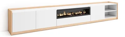 Produktbild von TV-Schrank, Lowboard, 310x37x50cm, Für TV-Geräte bis zu 80", Elektrokamin., Weiß und Eiche Soft