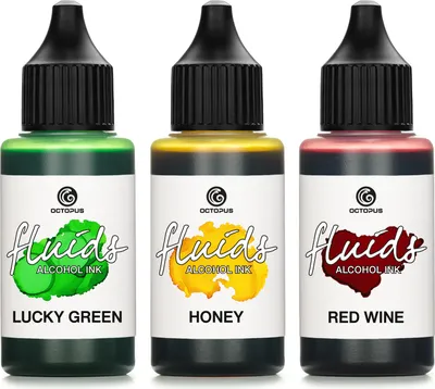 Image de 3x 30 ml Octopus Fluids Alcohol Ink Set LUCKY GREEN, HONEY, RED WINE Encre à alcool pour Fluid Art et résine