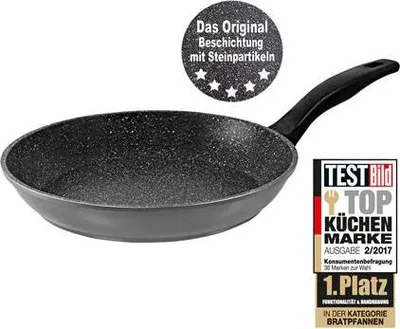 A frying pan with marketing badges and text.
