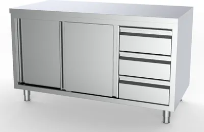 Produktbild von CHEFGASTRO 700 Arbeitstisch Edelstahl Schiebetüren Schubladen Rechts 1600 BxTxH 1600x700x850 mm