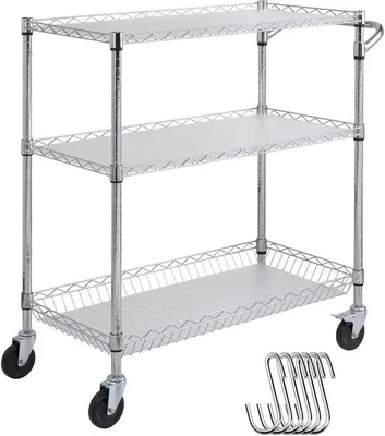 Produktbild von Serviertrolley 3-Lagig - 300 kg Tragfähigkeit - mit 6 Haken - Chrom - für Innen und Außen - Rollenwagen