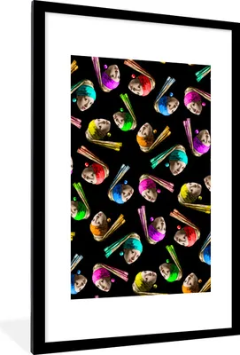 Produktbild von MuchoWow® Gerahmtes Poster Mädchen mit einem Perlenohrring - Muster - Regenbogen 60x90 cm - Poster mit Schwarzem Bilderrahmen Wandposter Rahmen Foto Bilder - Dekoration - Wandposter Wohnzimmer - Hochwertig