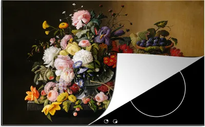 Produktbild von KitchenYeah© Herdabdeckplatte Stilleben mit Blumen und Früchten - Kunstwerk - Alte Meister , 81x52cm, Küche Deko, Glaskeramikkochfeld Herdabdeckung, Abdeckplatte fùr Kochfeld