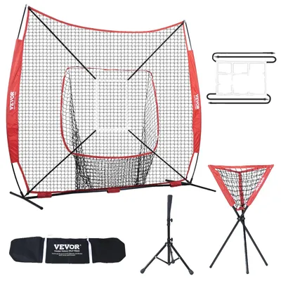 Produktbild von VEVOR 7x7 ft Baseball-Softball Übungsnetz, Tragbares Baseball-Trainingsnetz zum Schlagen, Fangen, Werfen, Rückschlag Baseball-Ausrüstung mit Bogenrahmen, Tragetasche, Schlagzone, Ball, Tee, Ballsammler, Schlagtee + Ballsammler + Roter Ball