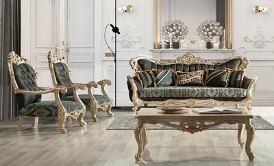 Produktbild von Casa Padrino Luxus Barock Wohnzimmer Set Dunkelblau / Türkis / Silber / Gold - 2 Barock Sofas mit Muster & 2 Barock Sessel mit Muster & 1 Barock Couchtisch - Barock Wohnzimmer Möbel