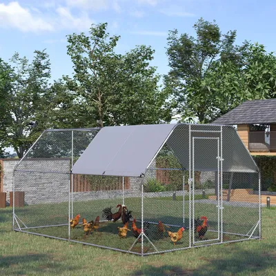 Produktbild von SUGIFT Hühnergehege begehbar, Hühnerstall Auslauf Stahl verzinkt, Oxford-Dach wetterfest, Silber-Grau | 280 x 380 x 195 cm | für 10-12 Hühner | 35 kg
