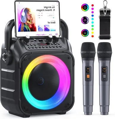 Image de Système de karaoké portable - Enceinte de musique - Idéal pour les fêtes - Avec 2 microphones - Dimensions : 16 x 27 x 35 cm - Noir