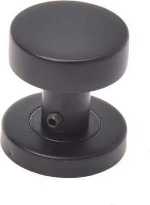 A black, round doorknob with a flat top and a circular base, shown against a white background.