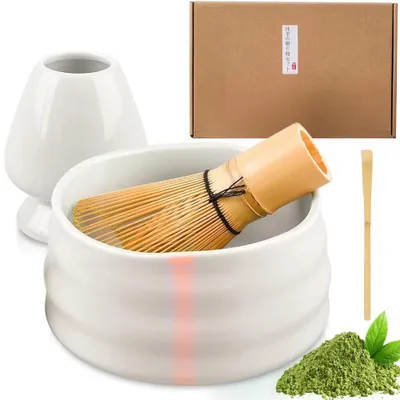 Produktbild von Matcha-Set mit Bambusbesen - 4-teilig - Bambusbesen - Löffel - Keramikschale - Besenhalter - Für Matcha