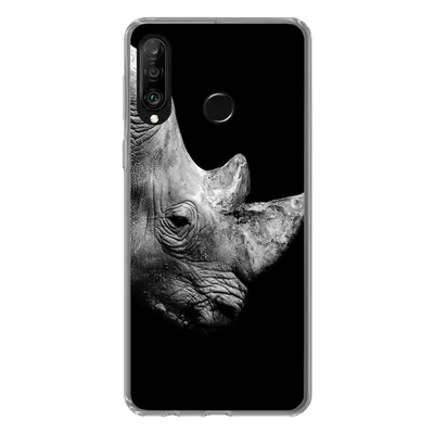 Produktbild von MuchoWow® Handyhülle Schutzhülle Hülle für Huawei P30 Lite Portrait Nashorn auf schwarzem Hintergrund Silikon Softcase Handy Hülle - Handyhülle