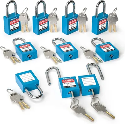 Obrázok produktu pre Bezpečnostné visiace zámky 38 mm, 10 ks, modré, pre lockout tagout stanice