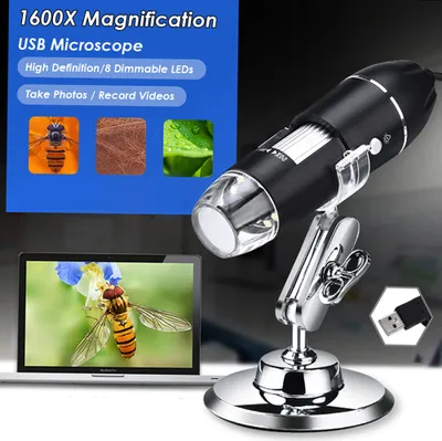 Produktbild von USB Digital-Mikroskop 1600x Vergrößerung 8 LEDs Mini-Videokamera, mit Ständer, kompatibel mit Android, Windows/XP, Win 7, 8, 10, Vista, Linux, Mac