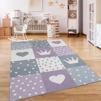 Produktbild von Teppich Kinderzimmer Kinderteppich Kurzflor Rutschfest Herzen Sonne Regenbogen Grösse 80x150 cm