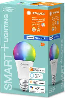 Produktbild von LEDVANCE Smarte LED-Lampe mit Bluetooth Technologie, Sockel E27, Lichtfarbe änderbar(2700-6500K),RGB-Farben änderbar,ersetzt Glühlampen mit 60W, steuerbar mit Google,Alexa, SMART+ BT MULTICOLOUR