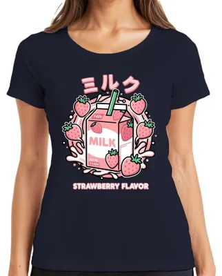 Obrázok produktu pre Tričko s potlačou "Japonské tričko s príchuťou jahody, štýl kawaii, jahodové mlieko, pre fanúšičky, tmavomodrá farba, veľkosť M."
