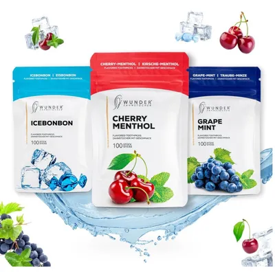 Produktbild von Wunder Zahnstocher mit Geschmack - 3er Pack Fresh Breath - 3x 100 Stück - Nachfüllbeutel - Eisbonbon Kirsch Menthol Traube Minze - vegan