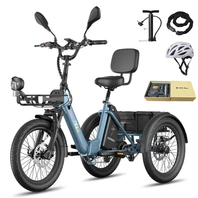 Produktbild von E Trike, Last bis 180 kg, Reichweite 100 km, 48 V 25 Ah Lithium Akku, Wasserdicht IPX5, sichere Hydraulikbremsen, Blau