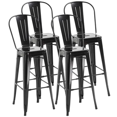 Image de Lot de 4 tabourets de Bar Empilable Chaise de Bar Industriel avec Dossier Repose-Pied Hauteur d'Assise 76 cm mšŠtal Noir