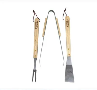 Produktbild von 3-teiliges hitzebeständiges BBQ-Werkzeugset aus Edelstahl mit Holzgriff