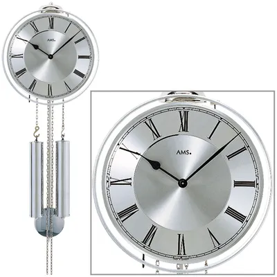 Produktbild von AMS 358 Wanduhr mit Pendel mechanisch silbern Pendeluhr mit römischen Ziffern
