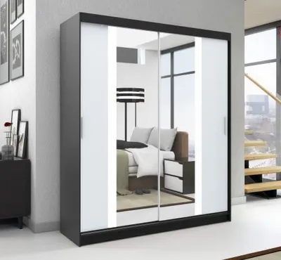 Productafbeelding van Schuifdeurenkast, 2-deurs, kast met spiegel, garderobekast BRUNI 120. Kleur: zwart / wit / wit