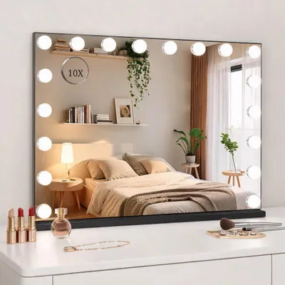 Productafbeelding van Puluomis make-upspiegel Hollywood, 80x60 cm, make-upspiegel met verlichting, 18 LED's, 3 kleuren, dimbaar met USB, 10-voudige vergroting, wandspiegel, zwart