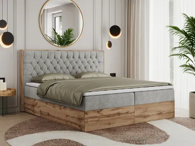 Produktbild von MKS MEBLE Boxspringbett 180x200 mit Bettkasten Eiche, Polsterbett 180x200 mit Matratze H4, Bett 180x200 mit Kopfteil, Bett mit Holzrahmen in Wotan Eiche - Hellgrau Struktur - Amore
