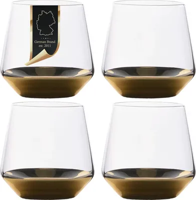 Produktbild von Intirilife 4x Trinkglas mit goldfarbenem Boden - 350 ml Füllmenge - Wasser Saft Glas Kristallglas Becher stoßfest